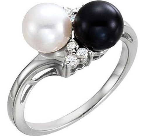Anillo De Oro Blanco Y Negro De 14k Con Perlas