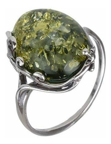 Anillo De Plata Esterlina Y Ámbar Verde Báltico Tamaño
