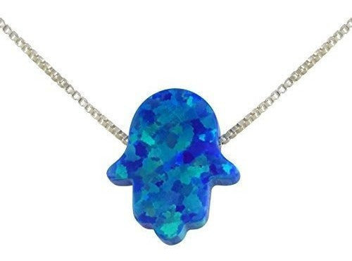 Collar con colgante de mano de Hamsa de ópalo azul