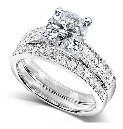 Juego De Novia Redondo Moissanite Con Diamante Pavé 1 1/3