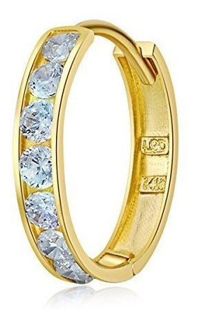 14k Oro Amarillo 3 Mm De Espesor Cz Channel Set Hoop Huggie