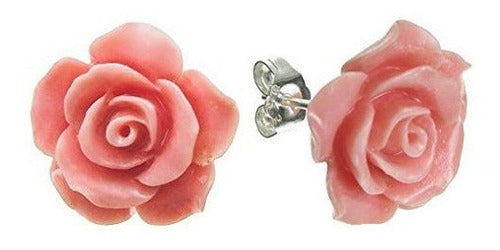 Aretes De Plata De Ley Rosa Simulada De Coral Rosa Poste