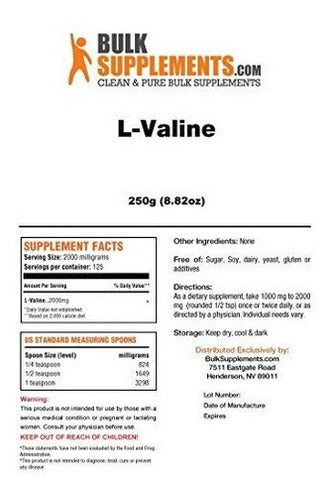 Bulksupplements L-valina en polvo (250 gramos)