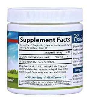 Carlson L-lysine Powder 960 Mg, Aminoácido (100 g)