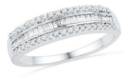 Baguette De Oro Blanco De 10 Quilates Y Anillo De