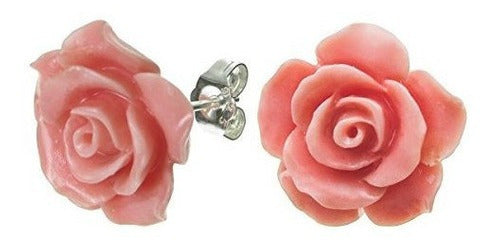 Aretes De Plata De Ley Rosa Simulada De Coral Rosa Poste
