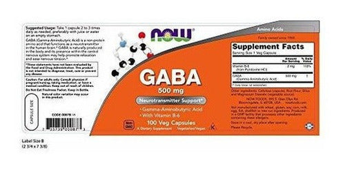 Ahora Gaba 500mg, 100 Cápsulas Vegetales