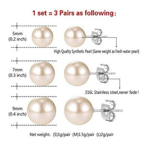 Mujeres Moda Perla Stud Pendientes Set Acero Quirúrgico