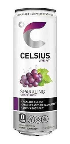 Bebida deportiva Celsius Sparkling Grape Rush, cero azúcar, 12