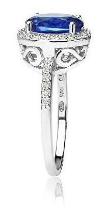 Anillo De Halo De Plata Esterlina Con Zafiro Azul Simulado