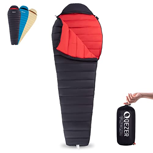 QEZER Saco de dormir ultraligero de plumón para adultos de 44 a 62 grados F con 600 grados de potencia, saco de dormir compacto de verano con saco de compresión para mochileros, senderismo y camping