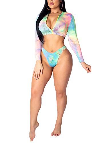 SIAEMRG - Traje de baño de manga larga para mujer, 2 piezas de traje de baño de bikini de talle alto, estampado 3D, ropa de playa estilo tankini