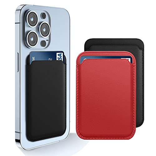 [Paquete de 2] Cartera magnética compatible con Apple iPhone 12 Pro Max/ 12 Pro/ 12/12 Mini/ 13 14 modelos, cartera de cuero para cartera MagSafe, cartera Mag Safe para billetera iPhone, cartera Mag Safewallet negro y rojo