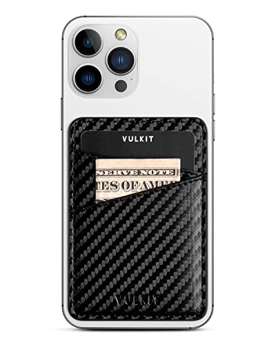 VULKIT Portatarjetas de teléfono, billetera, bolsillo adhesivo de piel, bloqueo RFID, fundas para tarjetas de crédito, se pegan en la parte posterior de teléfonos inteligentes o, Carbon Black