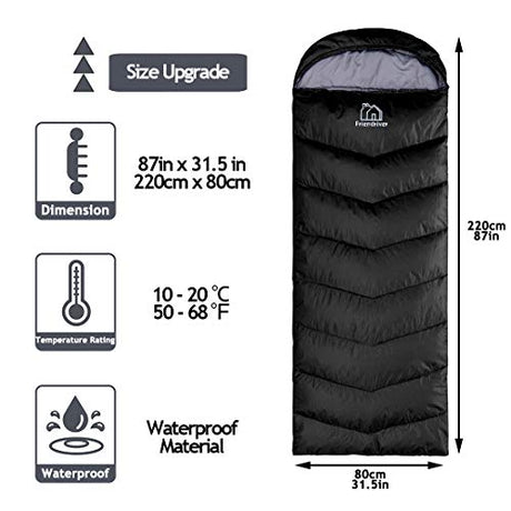 Friendriver Tamaño XL versión mejorada del saco de dormir de camping 4 estaciones cálido y fresco, peso más ligero, adultos y niños pueden utilizar bolsa de camping impermeable, viajes y actividades al aire libre