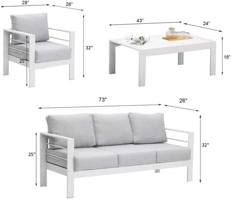 Solaste Juego de muebles de aluminio para patio, 4 piezas, moderno juego de conversación al aire libre, sofá con cojín mejorado y mesa auxiliar, color blanco