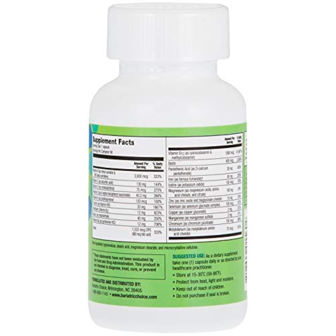 Cápsula de multivitamínico con 45 mg de hierro, suplemento