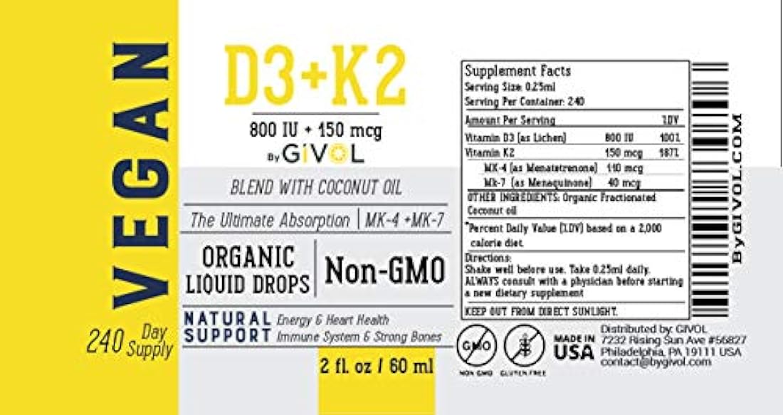 Vitamina líquida orgánica D3 (como liquen) K2