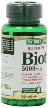 Nature 's Bounty, biotina de súper potencia, 5000 mcg, 72 unidades (60 + 12 bonos), 13430, paquete de de 2, Con, 2