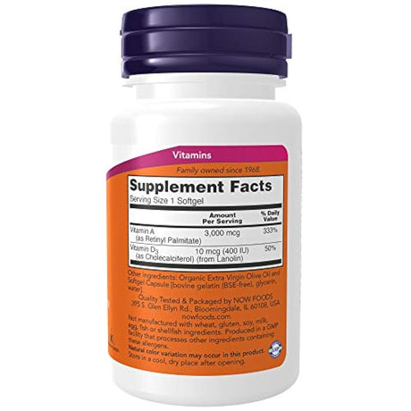 NOW Supplements, Vitamina A & D 10.000/400 UI, Salud de los ojos*, Nutrición Esencial, 100 cápsulas blandas