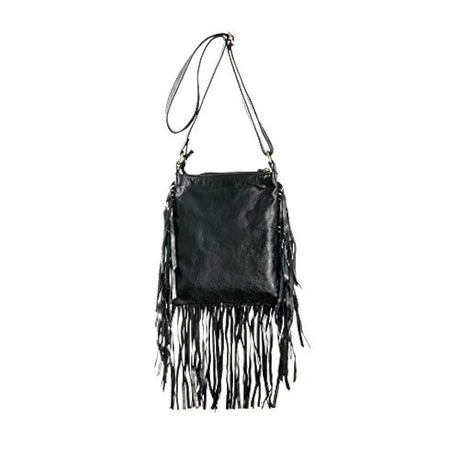 Bolso de piel con flecos color negro y blanco.Marca BohoBags