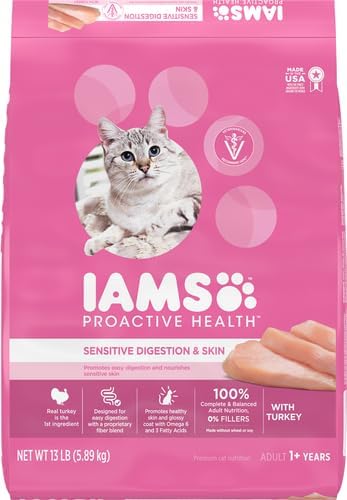 IAMS Proactive Health Adult Sensitive Digestion &amp; Skin Dry Cat Food with Turkey, 13 lb. Bag