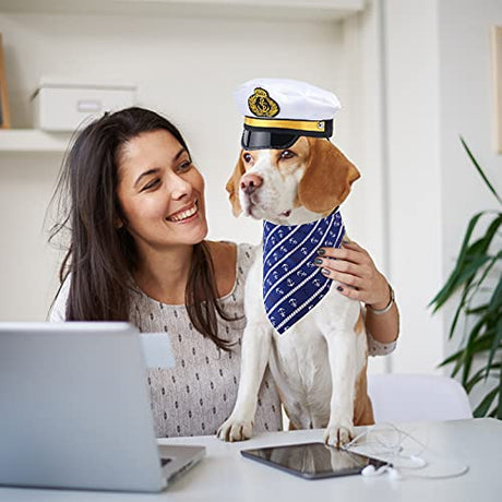 Yewong Conjunto de disfraz de capitán de marineros para perro, gato, capitán de mar, sombrero con ancla de mascota, baberos triangulares, bufanda para gato, cachorro, azul marino, Halloween, accesorios de disfraces, accesorios para fotos (blanco-B)