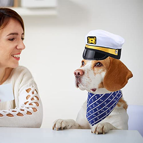 Yewong Conjunto de disfraz de capitán de marineros para perro, gato, capitán de mar, sombrero con ancla de mascota, baberos triangulares, bufanda para gato, cachorro, azul marino, Halloween, accesorios de disfraces, accesorios para fotos (blanco-A)