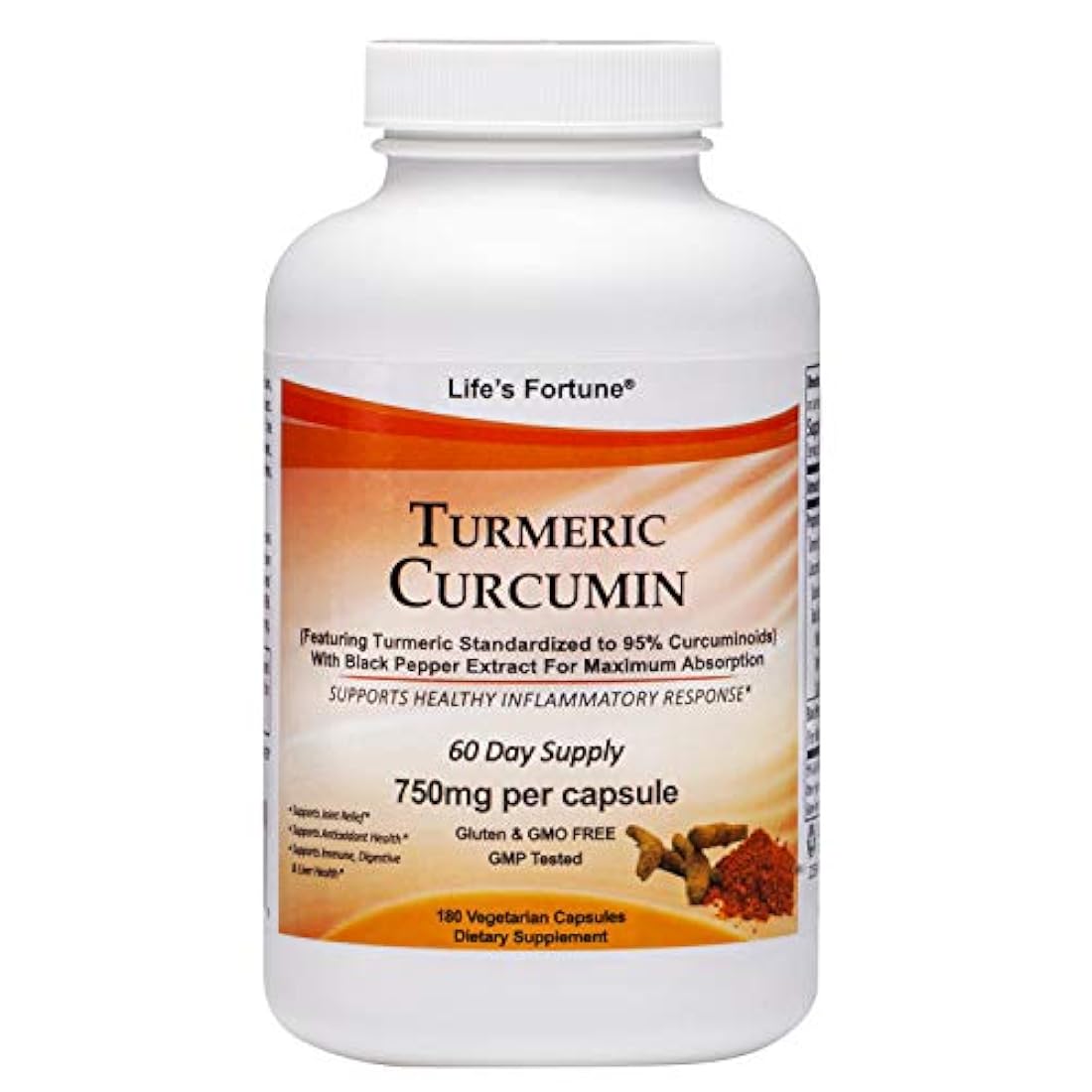 Suplemento dietético de cúrcuma de la fortuna de la vida, apoya las articulaciones, la salud antioxidante, la inmunidad, la salud digestiva y hepática, 180 cápsulas vegetarianas - 750 mg