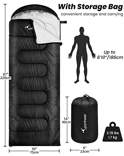 Saco de dormir para adultos: Sportneer 3 estaciones para clima cálido, impermeable, ligero, para niños, mochileros, bolsas de dormir para adultos, niños, niñas, camping, senderismo, viajes al aire libre