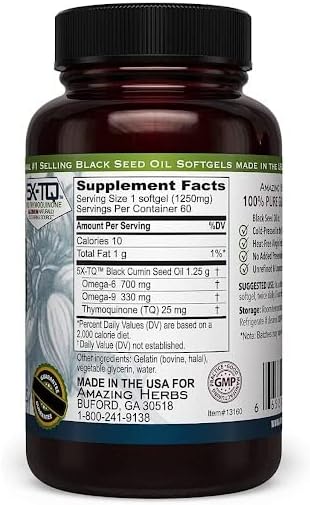 Cápsulas de Aceite de Semilla Negra Amazing Herbs 1250mg 60ct
