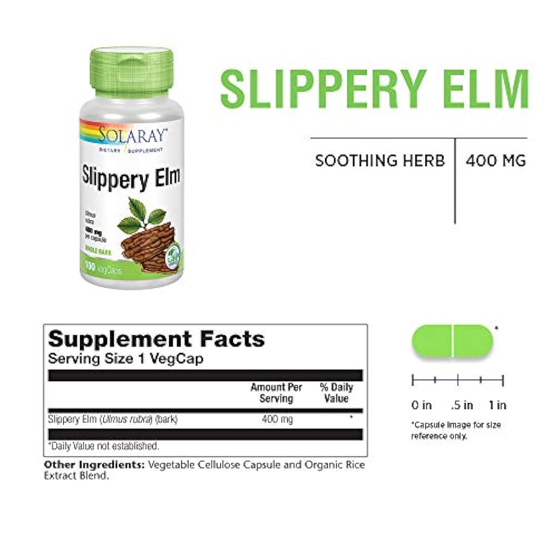 Solaray resbaladizo Elm corteza cápsulas 400 mg 100 unidades