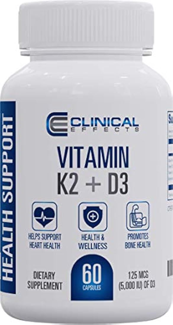Efectos clínicos: Vitamina K2 + D3 – Vitamina K2, suplemento de vitamina D3 con extracto de pimienta negra bioperina y calcio para el apoyo a la salud del hueso y el corazón – 60 cápsulas – Máxima absorción – Fabricado en los Estados Unidos