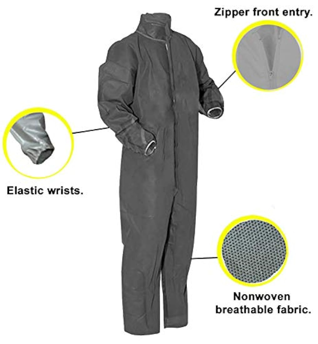 Mono de protección básica AMZ. Mono desechable para adulto gris XXL, 100% polipropileno virgen, ropa con cremallera frontal y muñecas elásticas, ropa de trabajo unisex para aplicaciones industriales