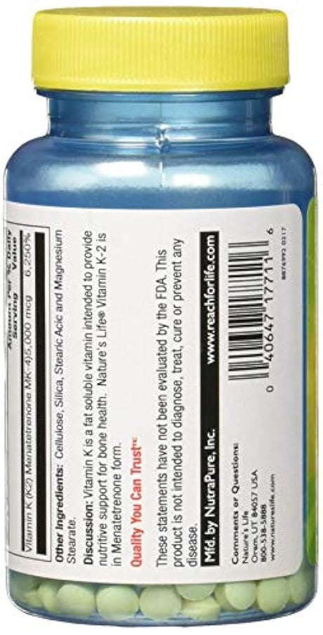 Nature's Life K-2, menatetrenona, 5000 mcg, 60 tabletas