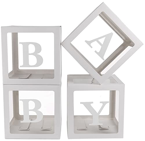 Sooyee Cajas de bebé con letras para baby shower, decoraciones de baby shower transparentes blancas, cajas de globos transparentes, telón de fondo, fiesta de cumpleaños, revelación de género, recuerdos reutilizables en caja de regalo, 4 bloques de bebé