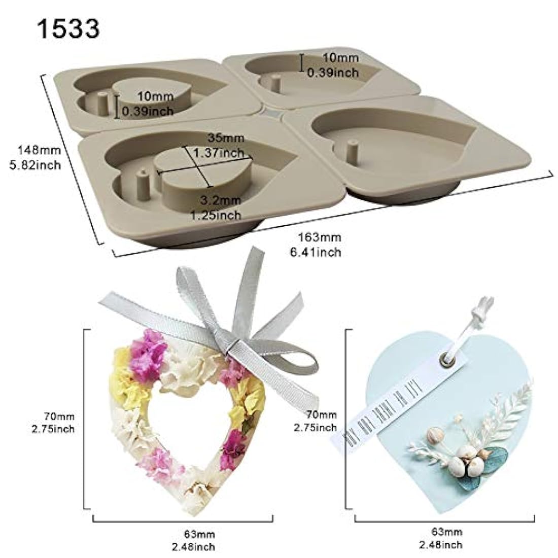 funshowcase 4-Cavity Candy – Molde de silicona con agujero para chocolate, jabón, resina epoxi para hacer velas casting, joyas tus Proyectos de Manualidades, Heart