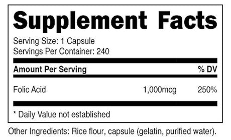 Nutricost ácido fólico (Vitamina B9) 1000 mcg, 240 Cápsulas, 1 botella, 1