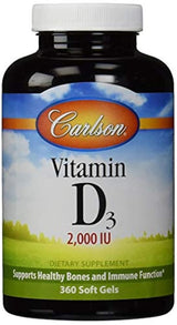 Carlson - Vitamina D3, 2000 UI (50 mcg), Hueso y Salud Inmune, Suplementos de Vitamina D, Suplemento de Colecalciferol, Cápsulas de Vitamina D sin gluten, 360 cápsulas de Softgels