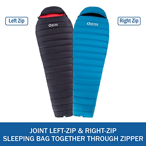 QEZER Saco de dormir ultraligero de plumón para adultos de 44 a 62 grados F con 600 grados de potencia, saco de dormir compacto de verano con saco de compresión para mochileros, senderismo y camping