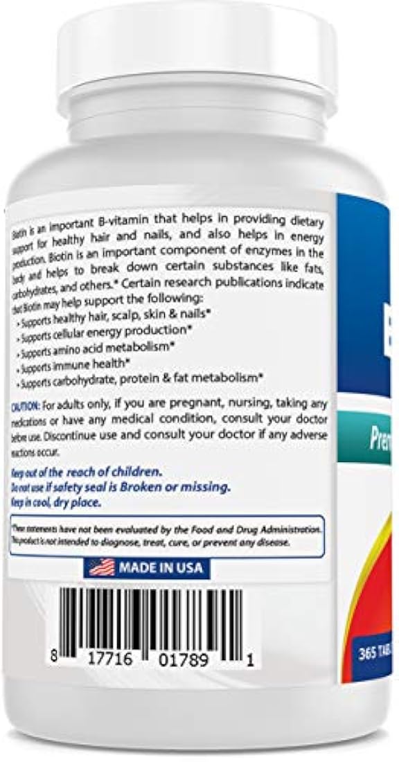 Best Naturals Biotina (también llamada vitamina B7), 10.000 mcg, 365 días de suministro (1 año de suministro), 365 tabletas
