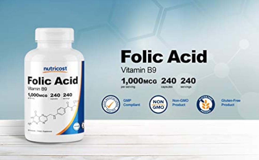 Nutricost ácido fólico (Vitamina B9) 1000 mcg, 240 Cápsulas, 1 botella, 1