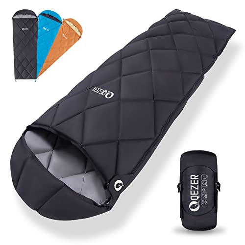 QEZER Saco de dormir de plumón para adultos de 27-55℉ 600 grados de potencia de llenado para clima frío, saco de dormir ultraligero con saco de compresión para mochileros, camping, senderismo