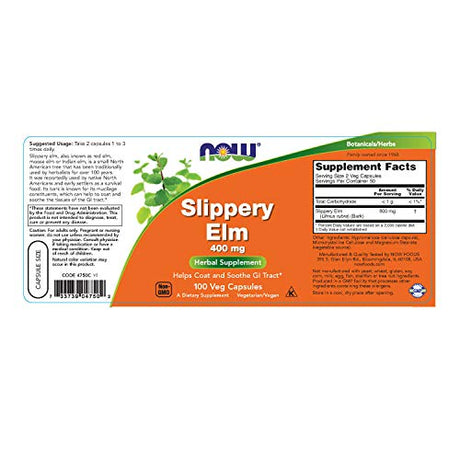NOW Supplements, Olmo resbaladizo (Ulmus rubra) 400 mg, suplemento a base de hierbas, 100 cápsulas vegetales