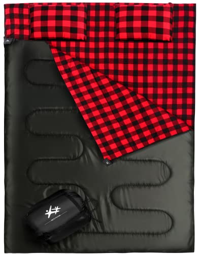 BESTEAM Saco de dormir doble de franela de algodón para acampar, mochilero, senderismo, sacos de dormir impermeables para 2 personas con 2 almohadas para adultos, adolescentes y niños en interiores y exteriores