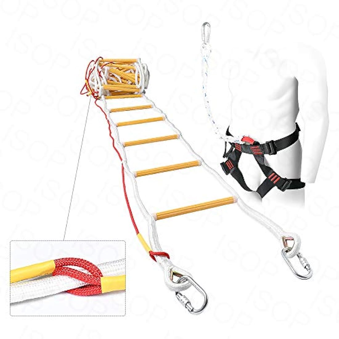 ISOP escalera de emergencia para fuego, 32.8 ft, resistente al fuego, escalera de cuerda de seguridad con cable de seguridad y cinturón de seguridad, reutilizable, capacidad de peso de hasta 2000 libras