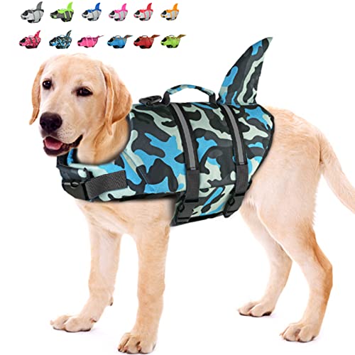 Doglay Chaleco salvavidas de tiburón para perro, chaleco salvavidas ajustable para natación con mango de rescate para perros pequeños, medianos y grandes