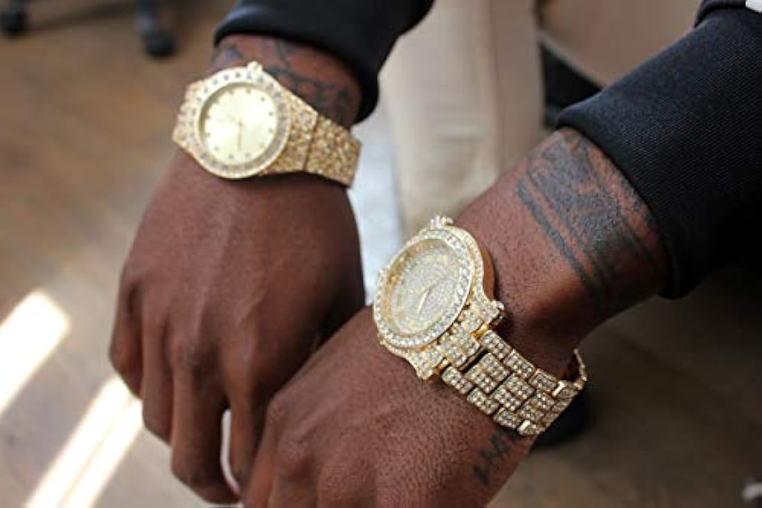 Reloj para hombre de 45 mm con diamantes helados con circonita cúbica y correa de metal brillante, movimiento de cuarzo, tamaño ajustable