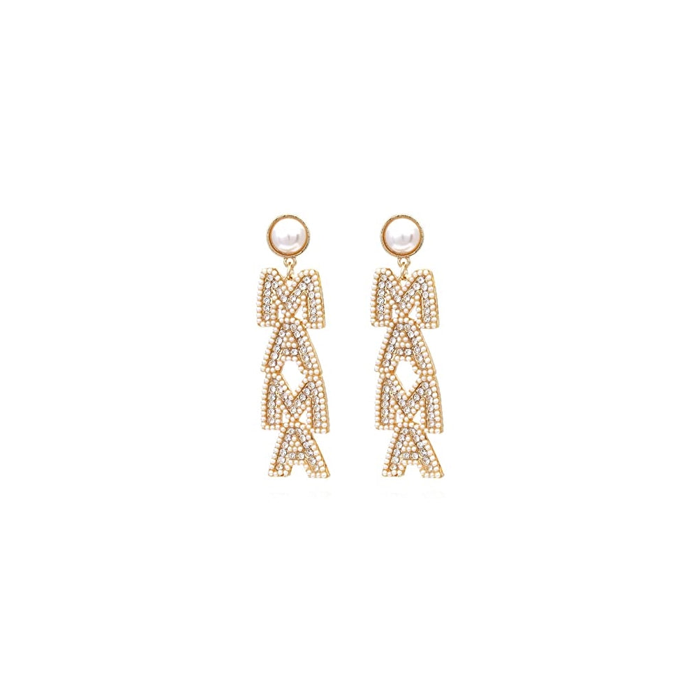 Aretes largos de perlas con diseño de letra de mamá