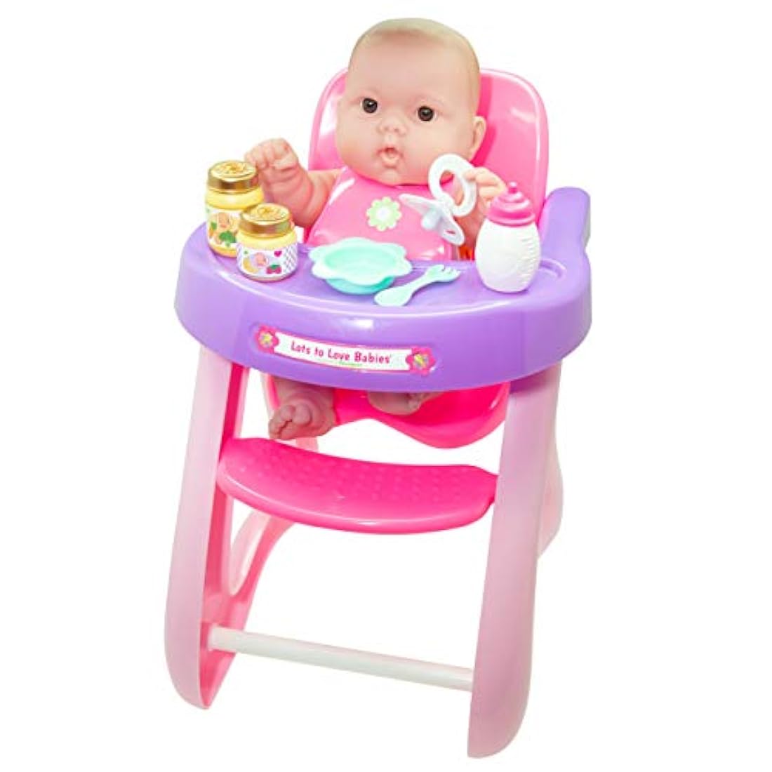 Muñeco de bebé con silla alta y accesorios para bebés